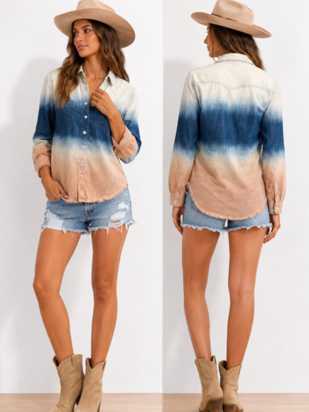 Free People Ombre Denim Shirt Frayed Hem Button-Up Blue Tan Small